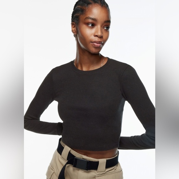 TNA Black Waffle Knit Cropped Long Sleeve – Size M, Cozy Thermal Pullover - Picture 1 of 14